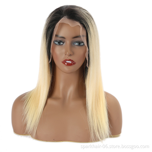 180% Ombre Blonde Lace Front Human Hair Wig Straight Remy 1B/613 Colored Human Hair Bob Wigs Deep Part Swiss Lace Wig
